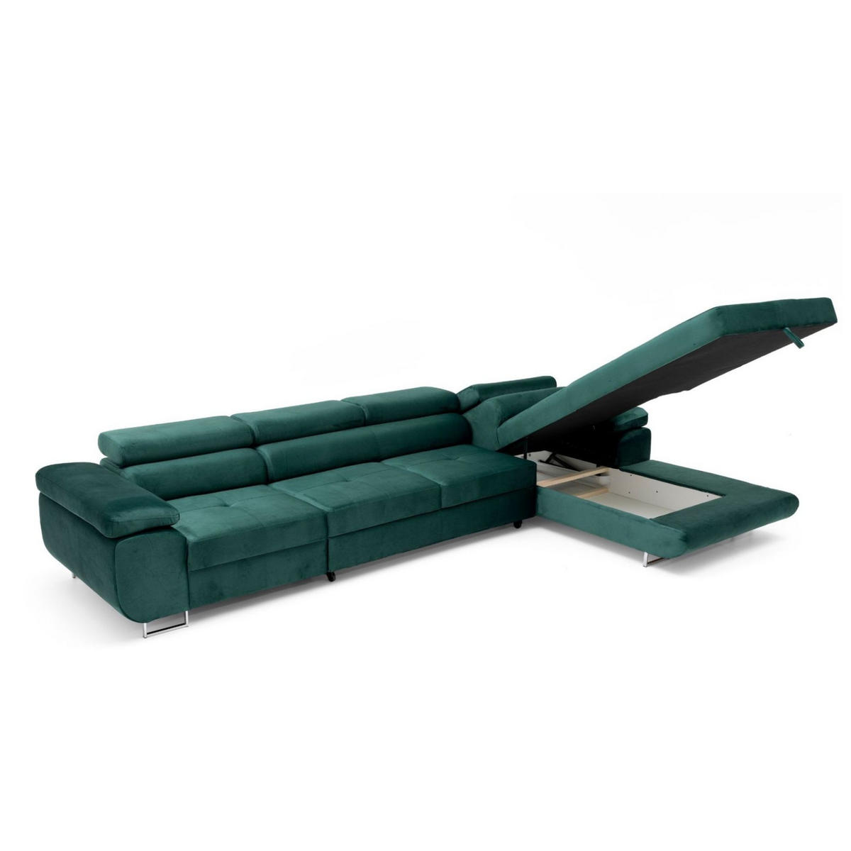 ECKSOFA ALONZO MAXI Rechts mit Schlaffunktion 125x195 Velours Grün - Silberfarben/Grün, Holz/Textil (203/350cm) - Muffo
