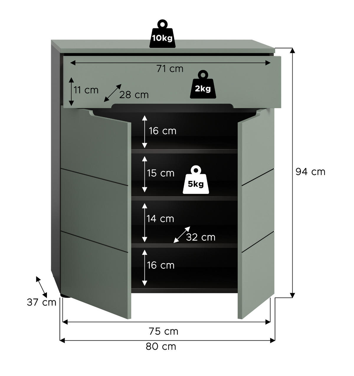 SCHUHKOMMODE Salbei grün, Basalt Grau 80 x 94 cm, Flurkommode mit Soft-Close - Salbeigrün/Schwarz, Holzwerkstoff/Kunststoff (80/94/37cm) - Inn.Furn