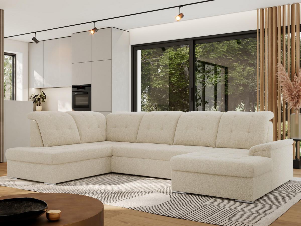 WOHNLANDSCHAFT MADRITO U - Beige Boucle - Links - Beige/Silberfarben, Textil/Metall (204/89/323cm) - MKS