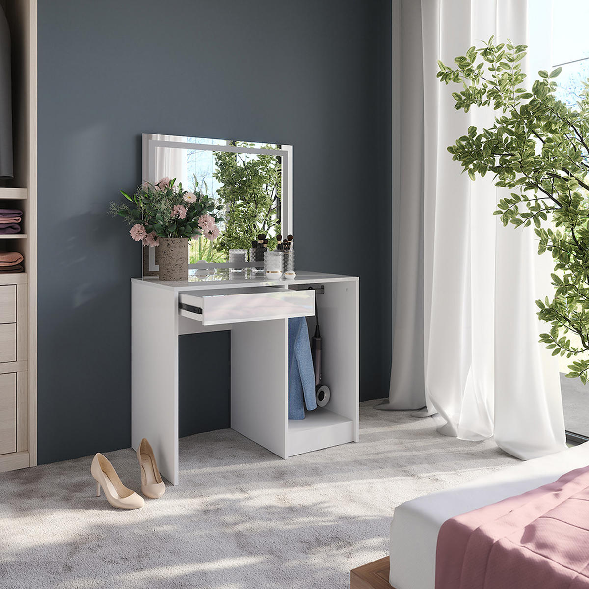 SCHMINKTISCH Sherry Weiß/Weiß Hochglanz 89.8 cm mit LED-Spiegel - Weiß Hochglanz, Holzwerkstoff (89.8/76/50.1cm) - Vicco