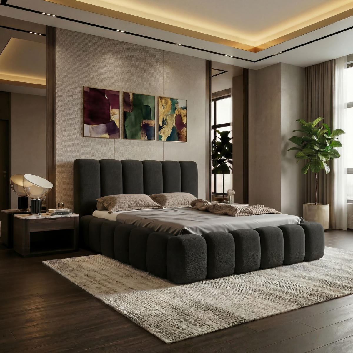 POLSTERBETT VELORA 200x200cm mit Bettkasten & Metallgestell - Bouclé Stoff SCHWARZ GERRA - Schwarz, Textil (200/200cm) - Luxkor24