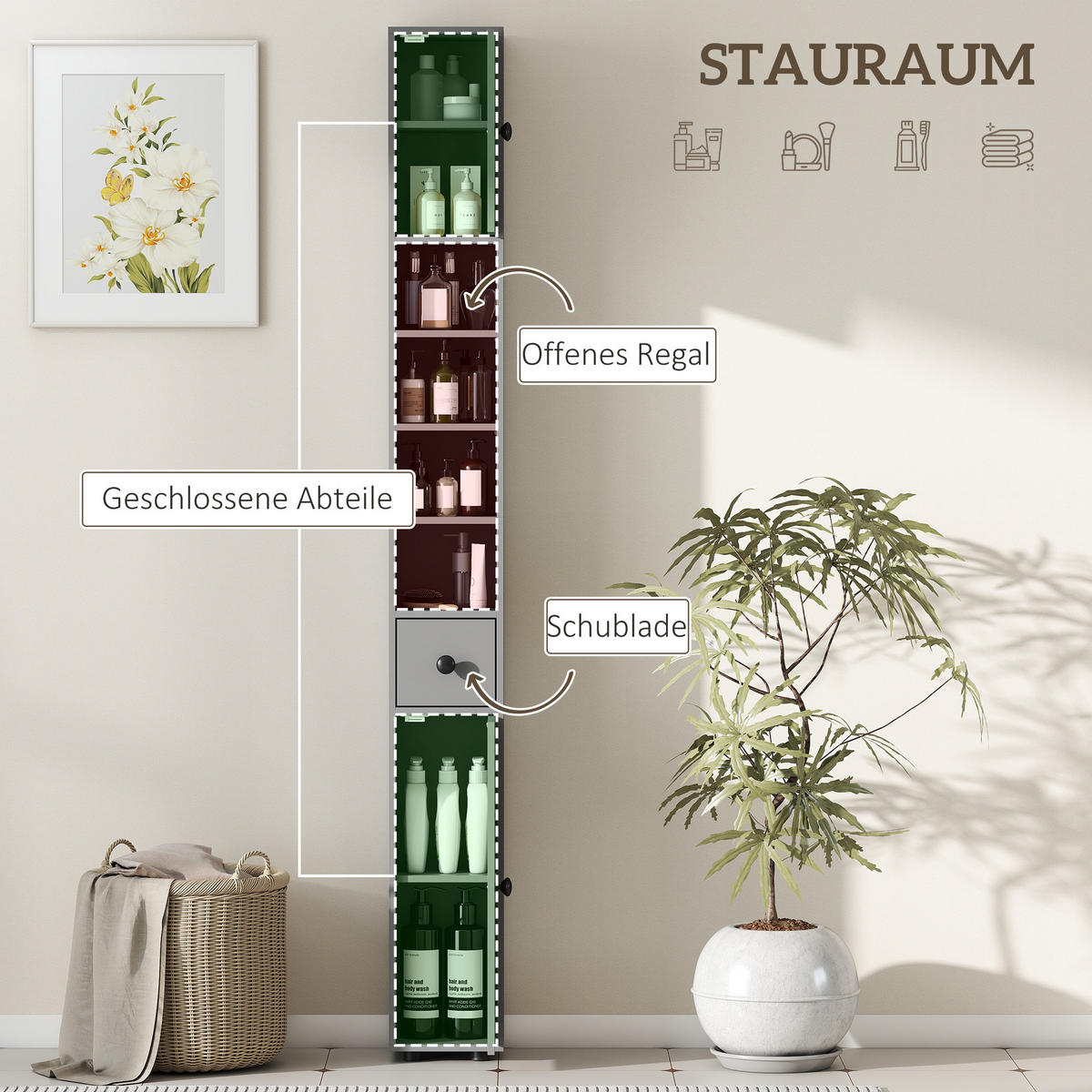 BADEZIMMERSCHRANK Spanplatte Grau - Schwarz/Grau, Karton/Holzwerkstoff (20/180/20cm) - Kleankin