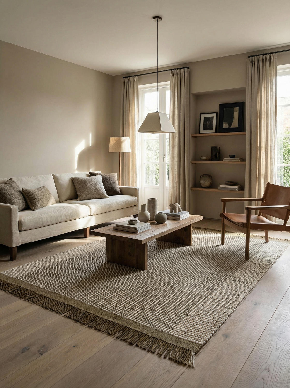 TEPPICH Wolle handgewebt mit Korbmuster Fransen PISA, Olivgrün 200x290 cm - Beige, Textil (200/290cm) - KADIMA DESIGN