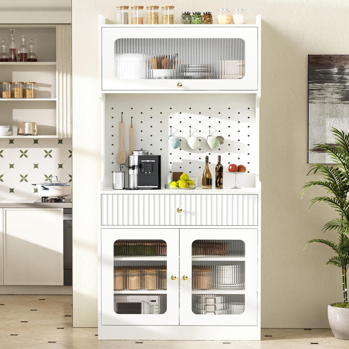 BUFFÉSKÅP i vit Highboard med LED och justerbara hyllor, B80/D40/H180 cm - Vit, Träbaserade material (80/180/40cm) - STILVORA