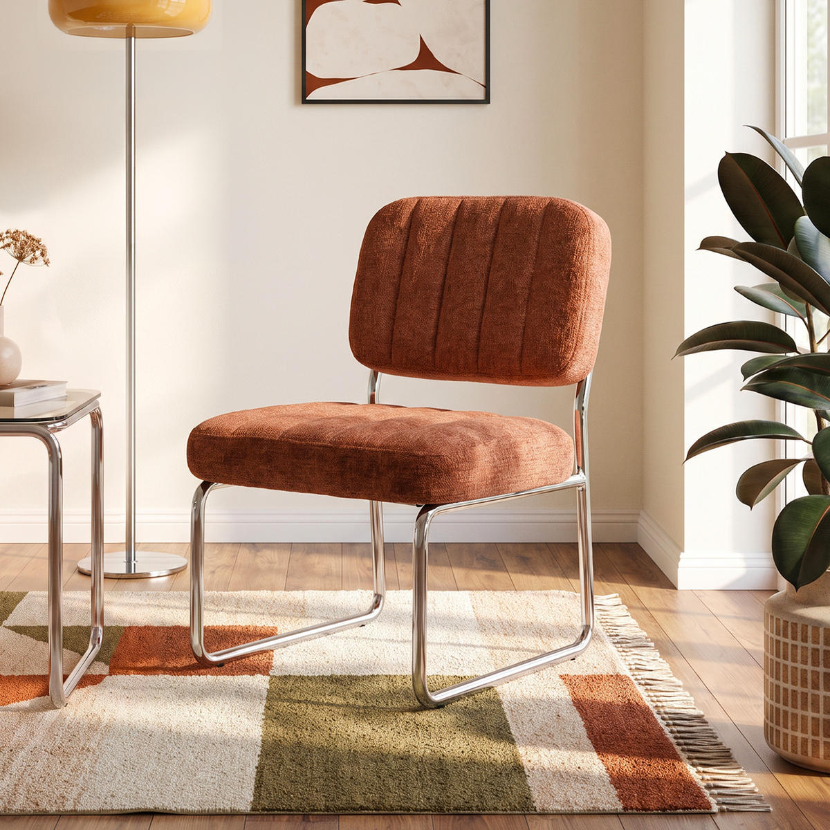 SESSEL terrakotta gepolstert verchromte Beine und Chenille-Stoff - PAOLA - Rot/Braun, Textil/Metall (56/77/70cm) - Sicaan