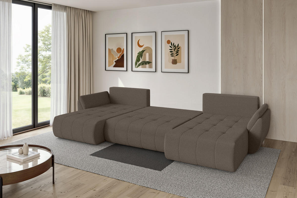 SEDACÍ SOUPRAVA DO U s funkcí spaní a úložným prostorem TOKO-U 378x194x86 hnědá bouclé - černá/hnědá, kompozitní dřevo/textil (378/86/194cm) - ALTDECOR