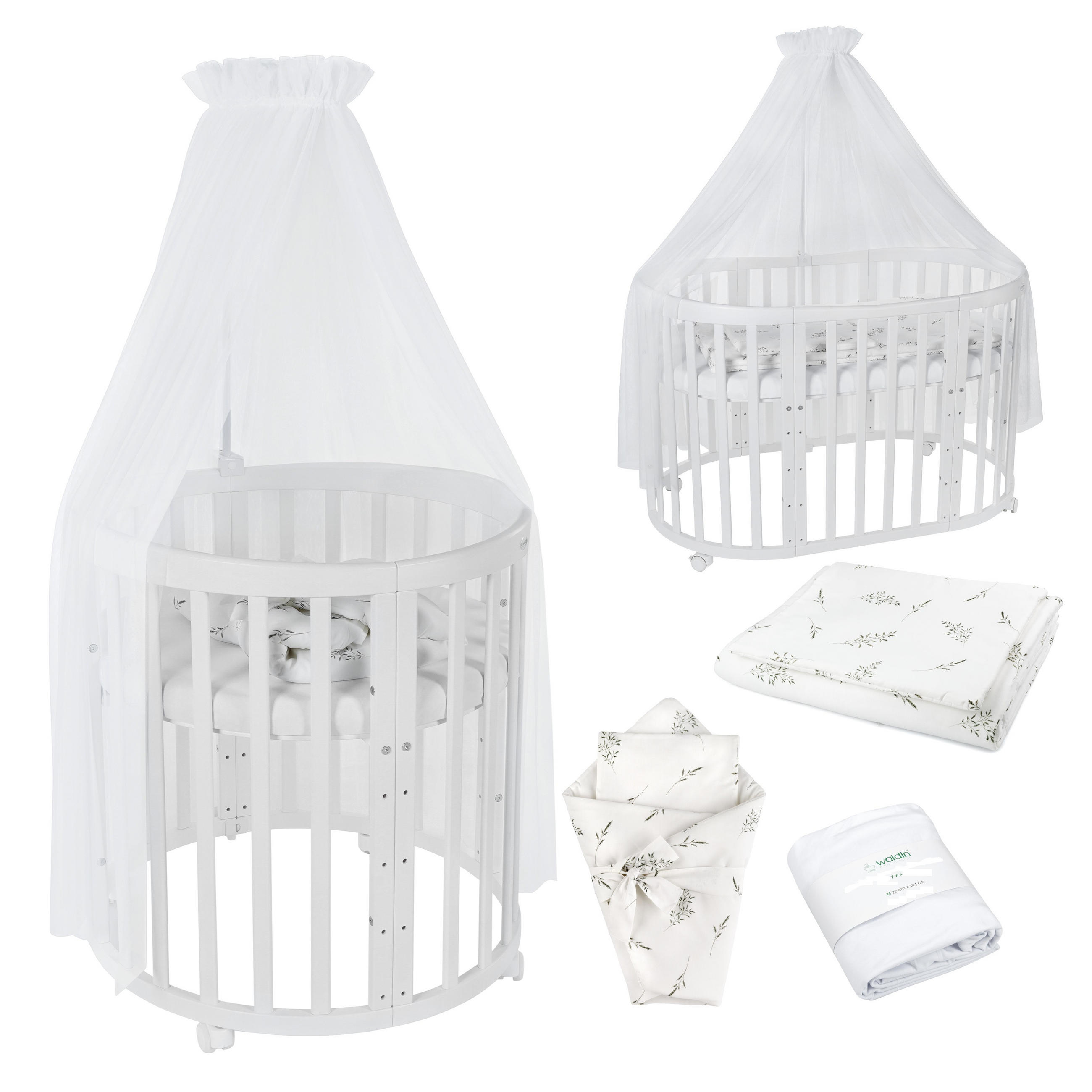BABYBETT WHITE OVAL 7in1 mit Matratze und Himmelset - Weiß, Holz/Textil