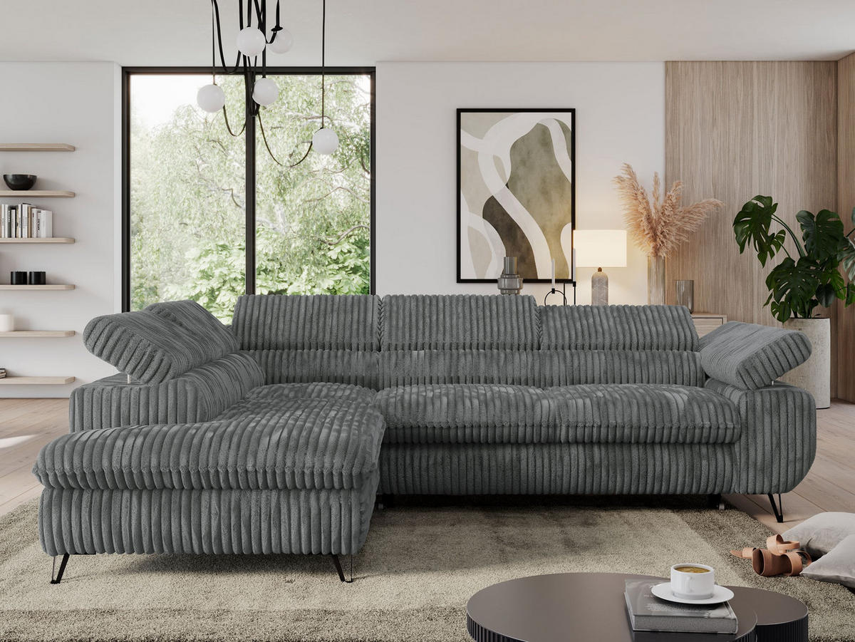 ECKSOFA PEDRO L Dunkelgrau Cord - Links Seite - Dunkelgrau/Schwarz, Textil/Metall (208/273cm) - MKS