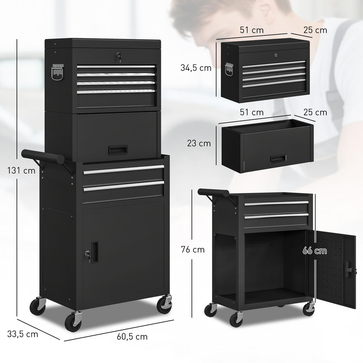 WERKZEUGSCHRANK DE-18981 6 Schubladen, 3-in-1 mit Lochwand Schwarz - Schwarz, Metall (33.5/131/60.5cm) - ComfortXL
