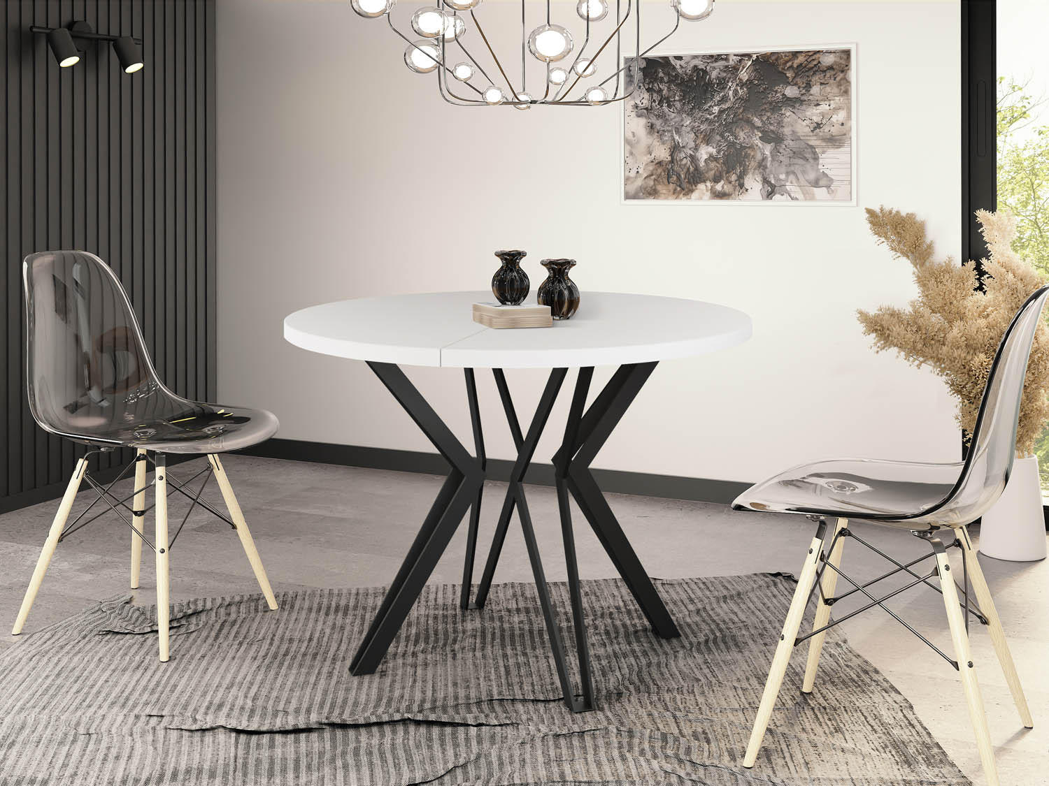 ESSTISCH Revena runder ausziehbarer, Weiß 120-200/120/76 cm - Schwarz/Weiß, Holzwerkstoff/Metall (120/120/76cm) - WFL GROUP