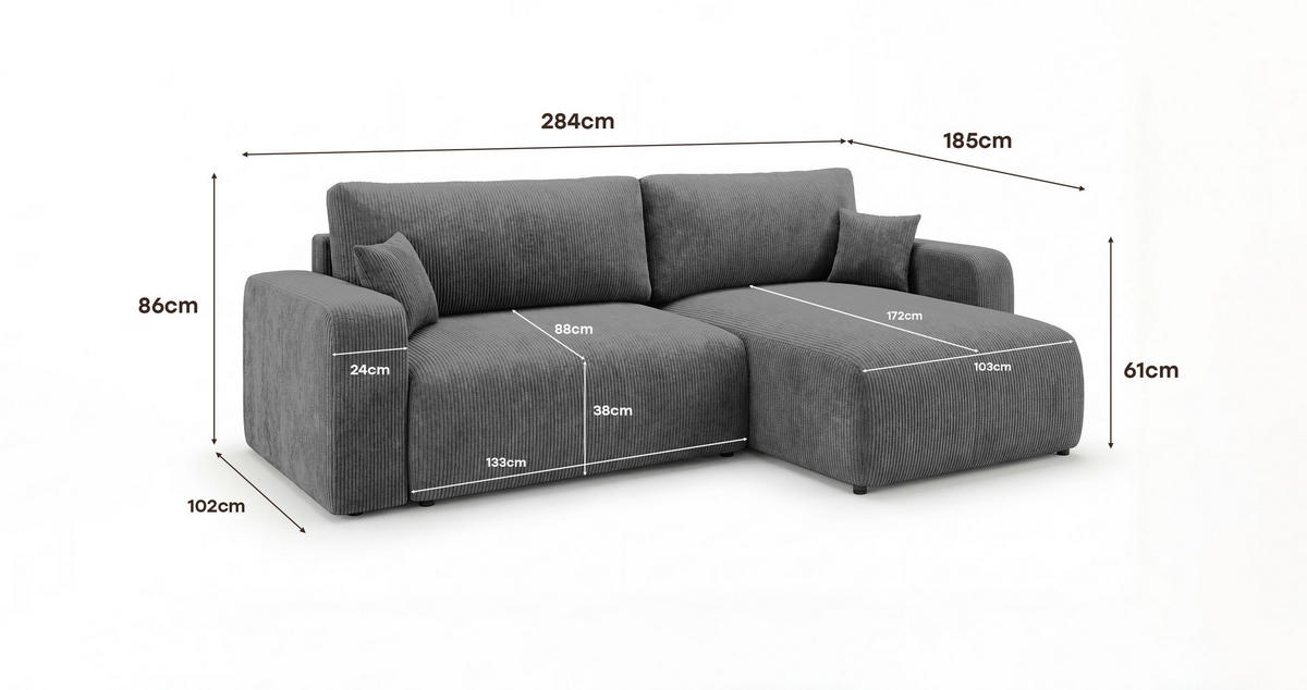 ROHOVÁ pohovka BERLIN levá tmavě šedá manšestr Poso 60 - funkce spaní, úložný prostor - antracitová, textil (285/185cm) - Cornero