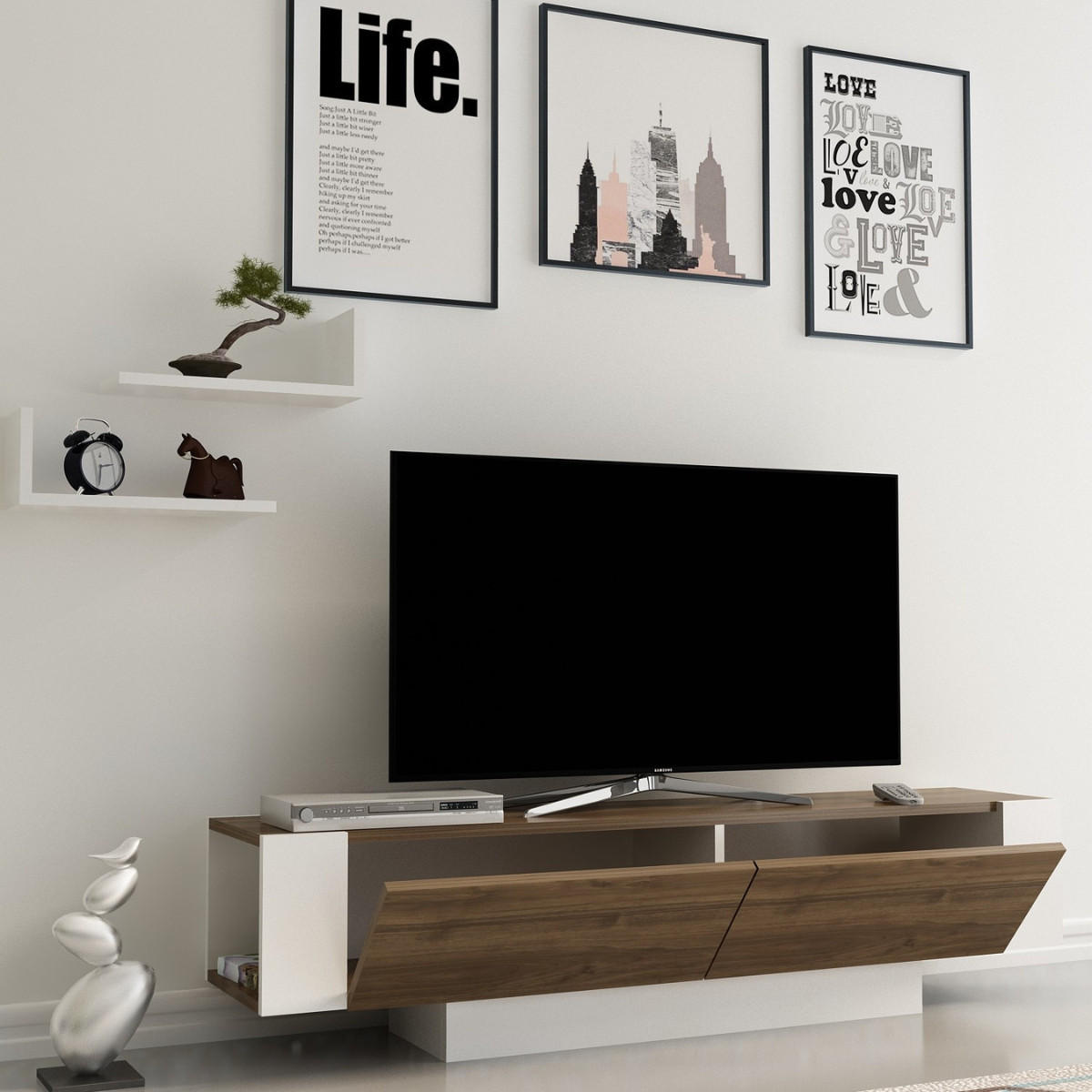 TV-SCHRANK 2 türen nussbaum und weiß dekor - matera 150/31,5/41,6 cm - Nussbaumfarben, Holzwerkstoff (31.5/41.6/161cm) - Calicosy