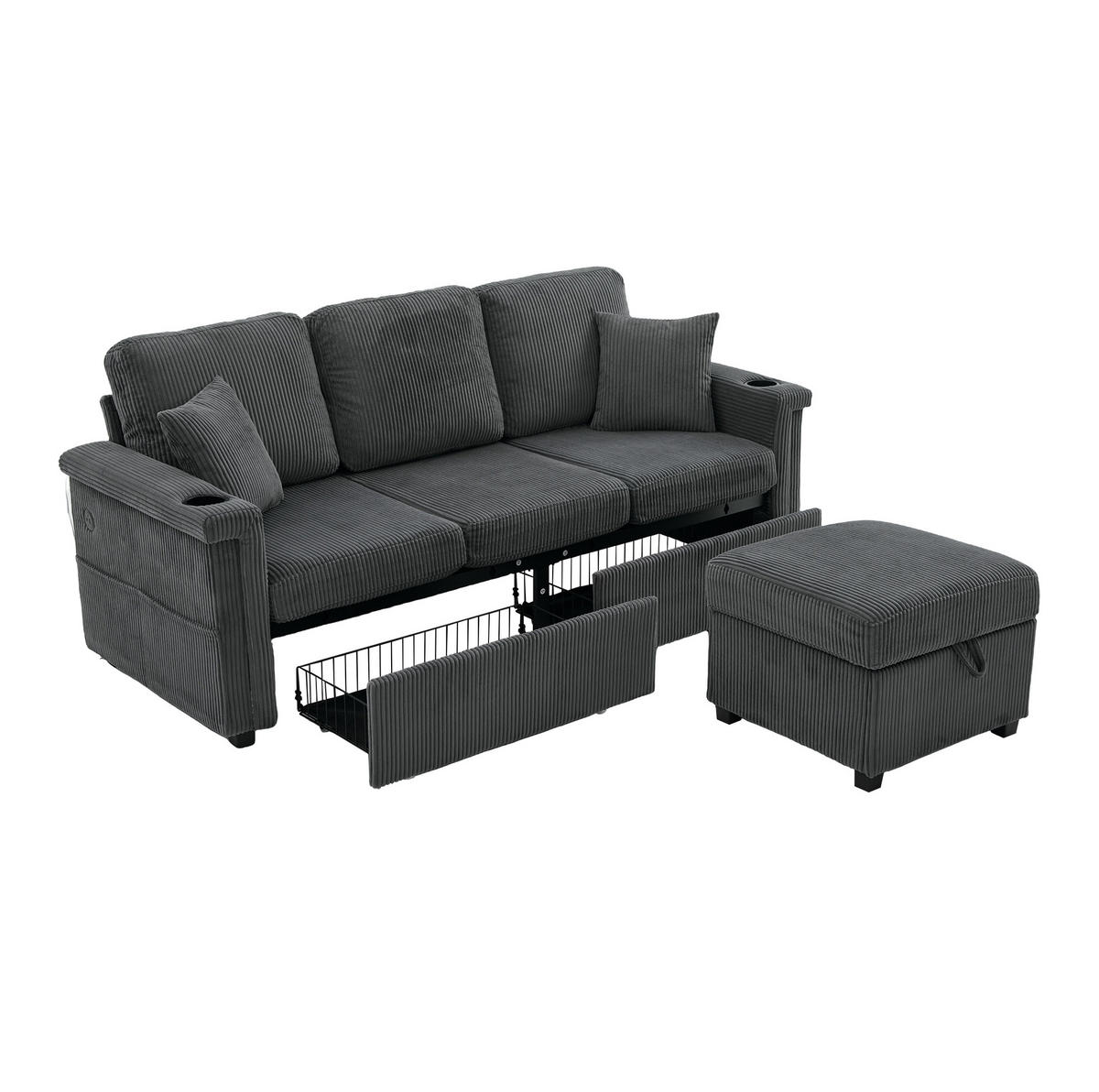 SOFA mit LED und USB/TYPE-C 194 x 73 x 81 cm Corduroy Dark Gray - Dunkelgrau, Kunststoff (194/81/73cm) - Meubliv