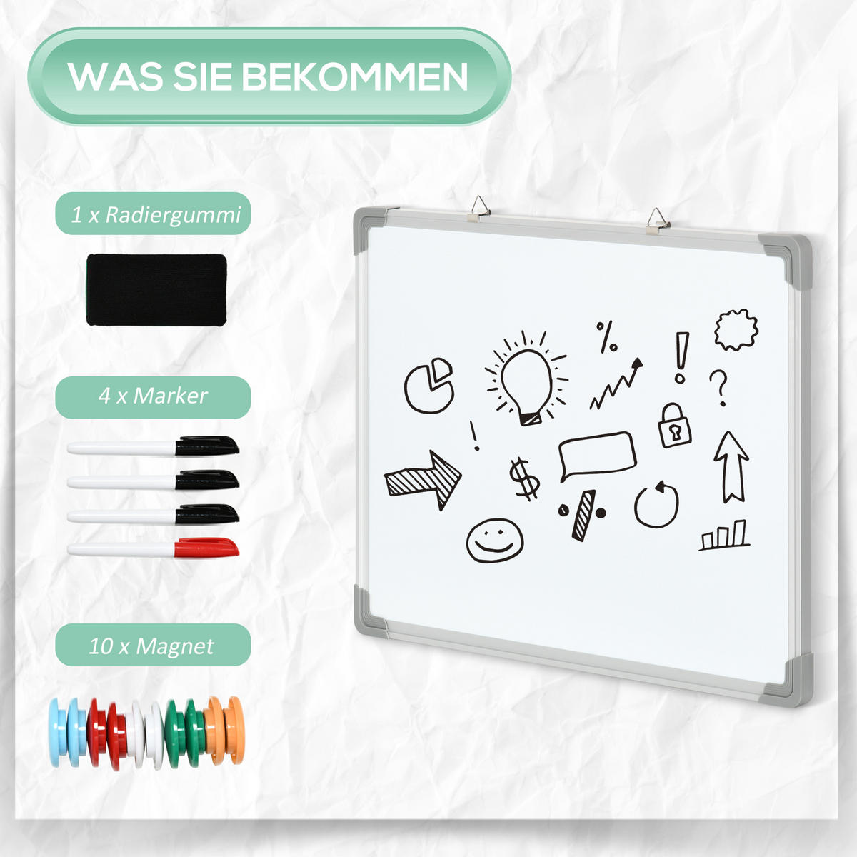 MAGNETTAFEL mit 4 Markern, leicht abwischbar, 60 x 1,8 x 45 cm - Weiß, Kunststoff (1.8/45/60cm) - HOMCOM