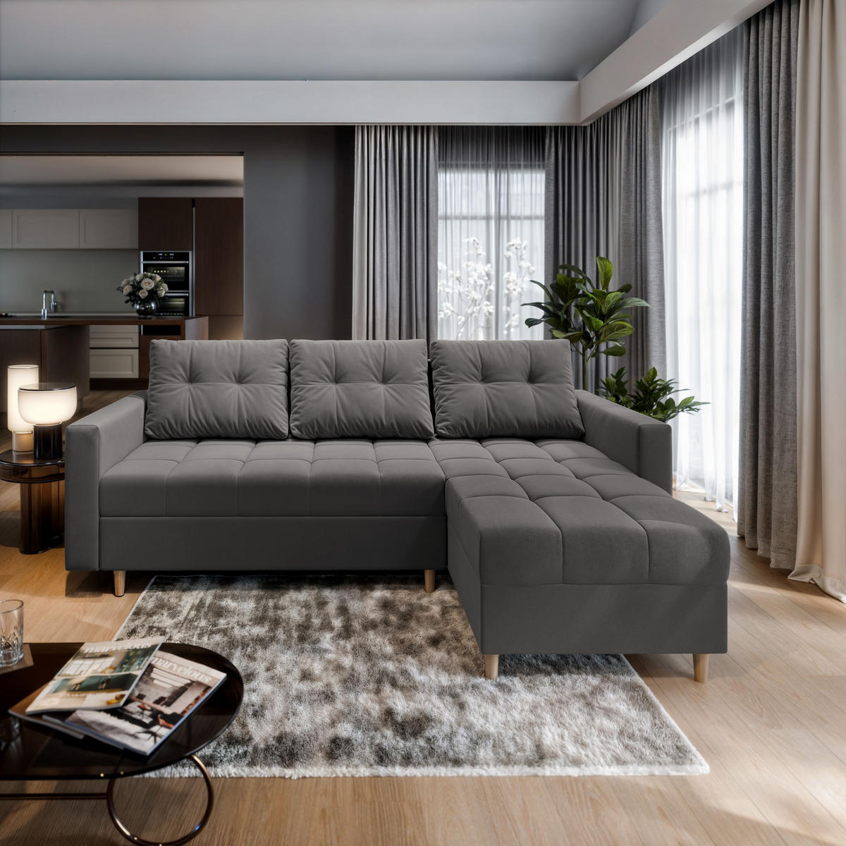 ECKSOFA MILO L Grau Plüsch-Stoff mit Schlaffunktion - Grau, Holz (220/140cm) - MASSENO