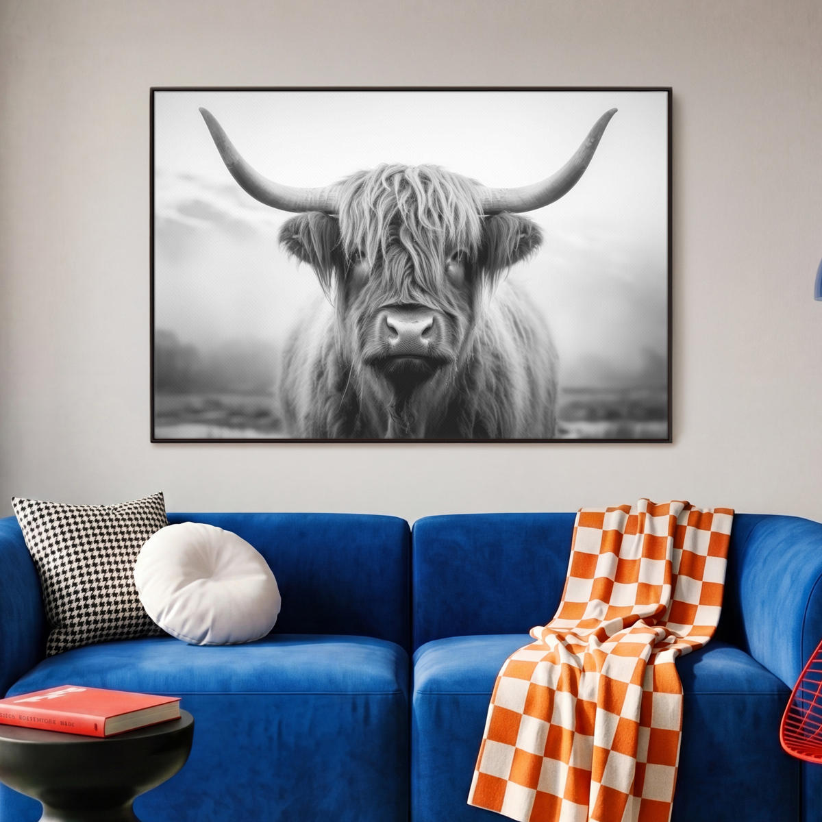 LEINWAND Bilder mit Rahmen - Schottischer Highlander - Nebel - Schwarz - Weiß - 90x60 - Grau, Textil (90/60cm) - MuchoWow
