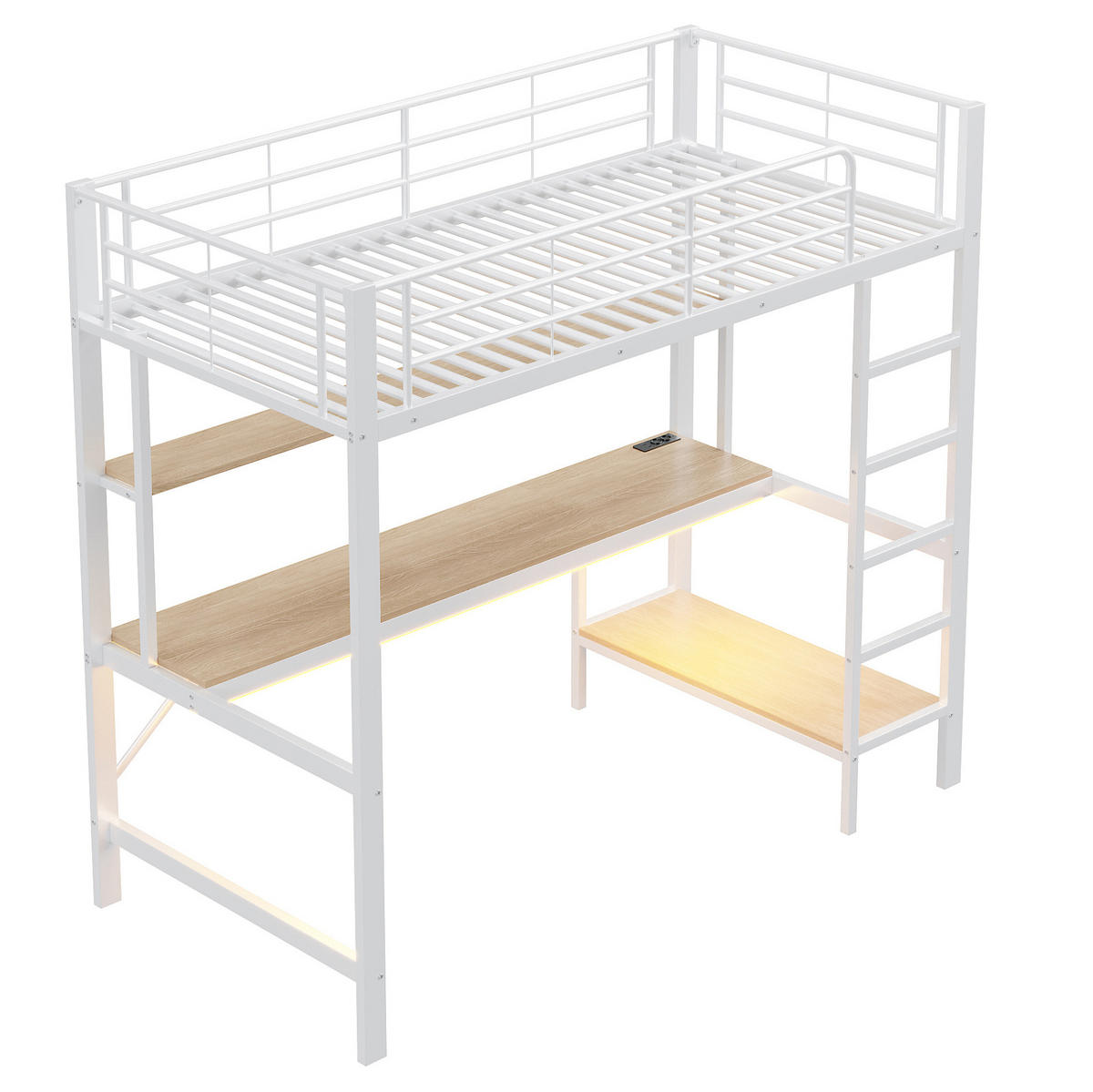 HOCHBETT 90/200 cm mit Schreibtisch, Regal, LED, USB und Steckdose, Metall/MDF, Weiß - Weiß, Metall (90/200cm) - Redom