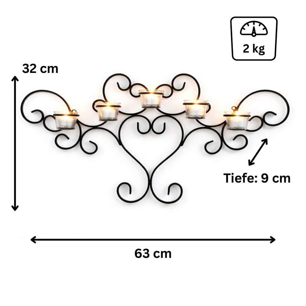 WANDTEELICHHALTER Metall Schwarz Wandkerzenhalter Teelichthalter 63cm - Schwarz, Metall (32cm) - DanDiBo