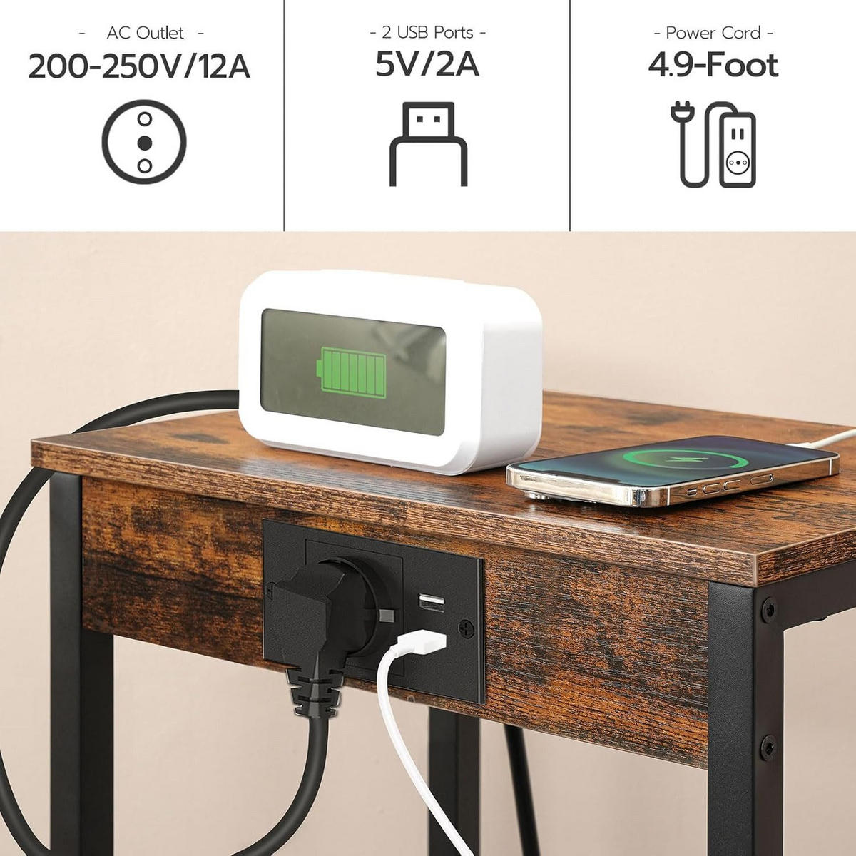 BEISTELLTISCH Braun mit Ladestation - Braun, Holzwerkstoff (38/28/73cm) - Hoobro