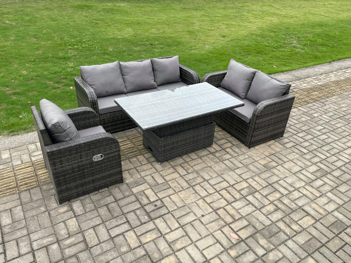 GARTENMÖBEL SET mit 3-Sitzer Sofa, Stuhl Höhenverstellbarer Esstisch 6-Sitzer Grau - Dunkelgrau/Grau, Glas/Kunststoff - Fimous