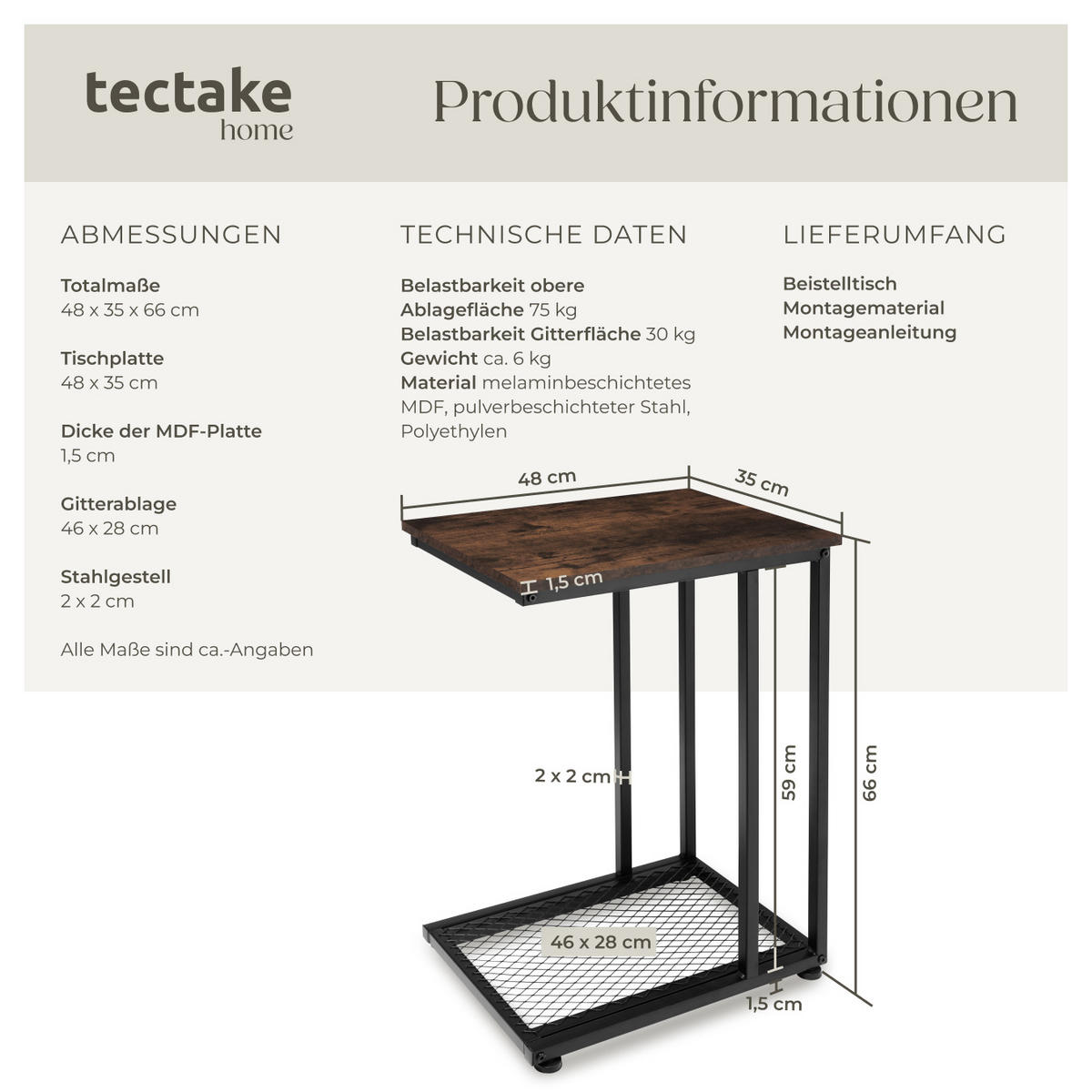 BEISTELLTISCH Eton,48 x 35 x 66 cm,Industrial Holz dunkel, rustikal - Rostfarben, Holz (48/35/66cm) - tectake
