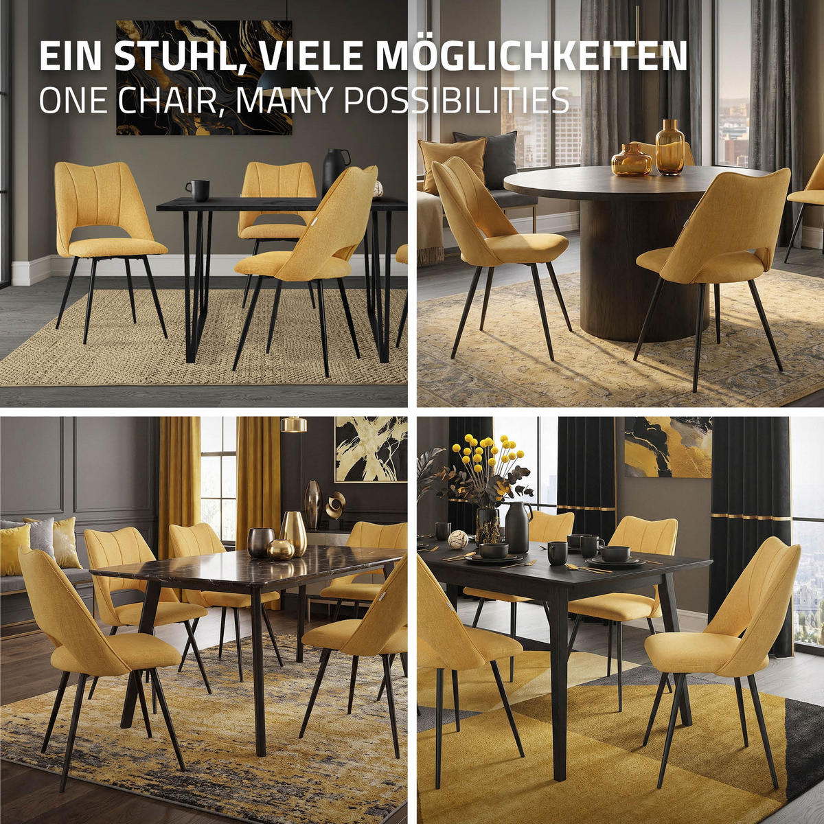 ESSZIMMERSTUHL Senf 2er Set - Gelb/Schwarz, Textil/Metall (57/89/53cm) - ML-DESIGN