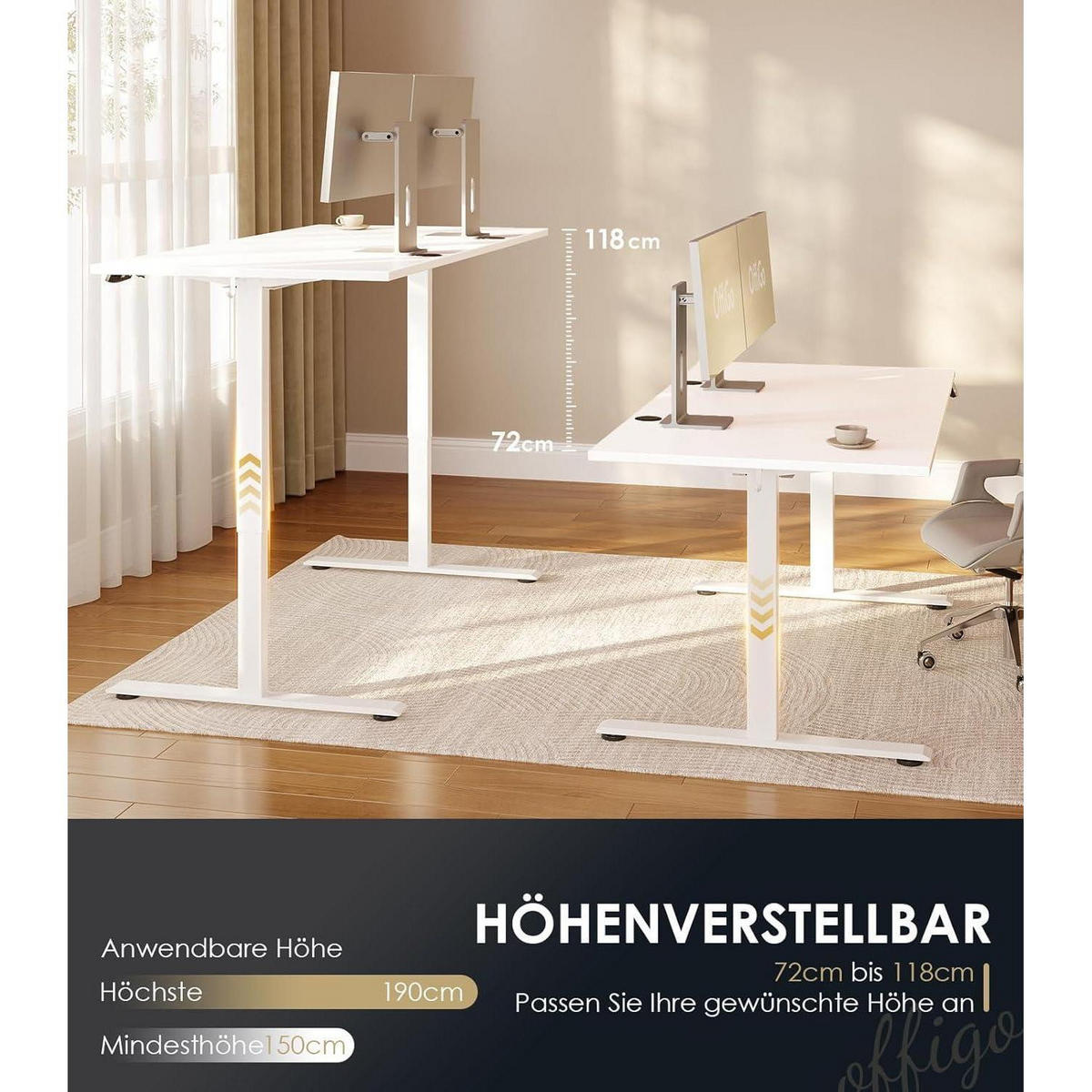 SCHREIBTISCH elektrisch höhenverstellbar 160 x 70 cm Weiß - Weiß, Holzwerkstoff (70/160/72cm)