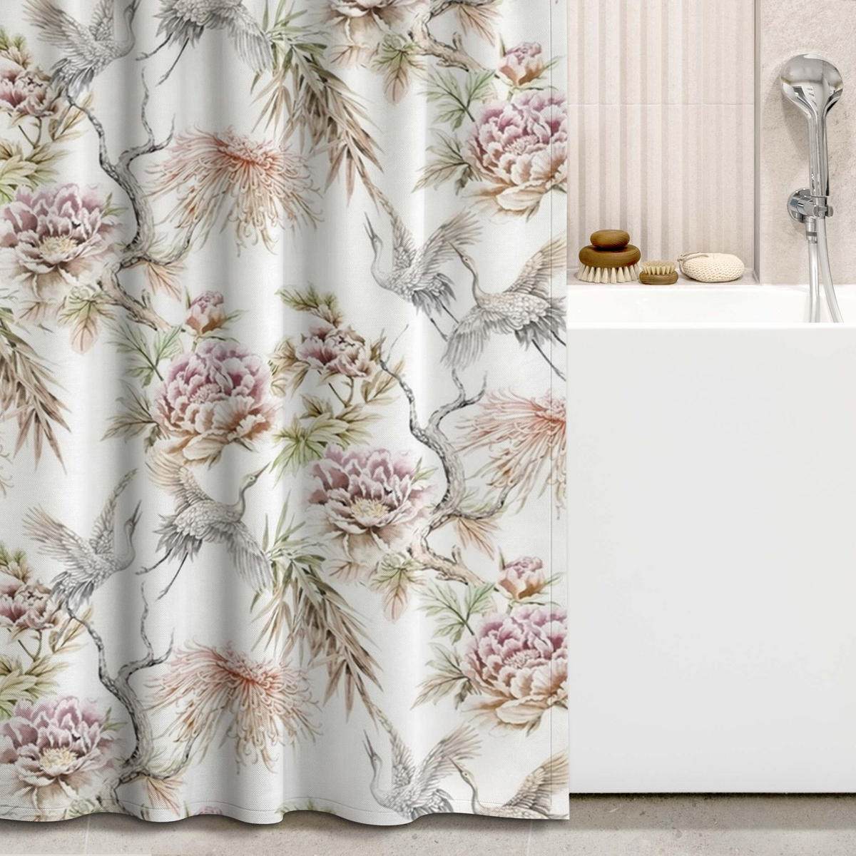 DUSCHVORHANG Aquarell Vögel mit großen Blüten 200/180 cm - Rosa, Textil (200/180cm) - Bilderwelten