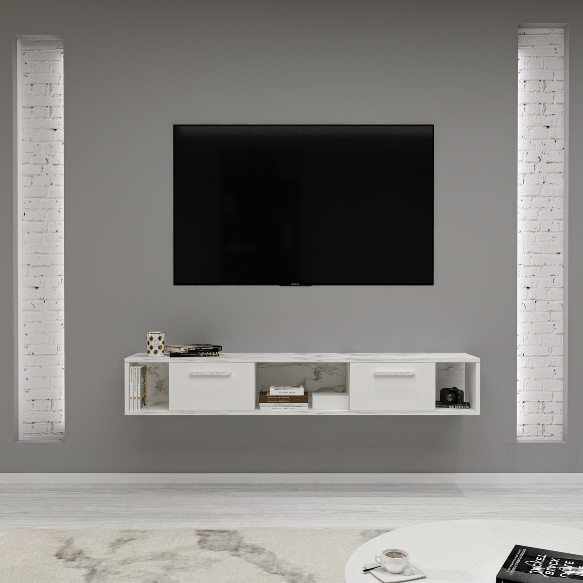 TV-LOWBOARD Aldora Weiß Marmor Optik 9581 - Weiß, Holzwerkstoff (160/30/30cm) - moebel17