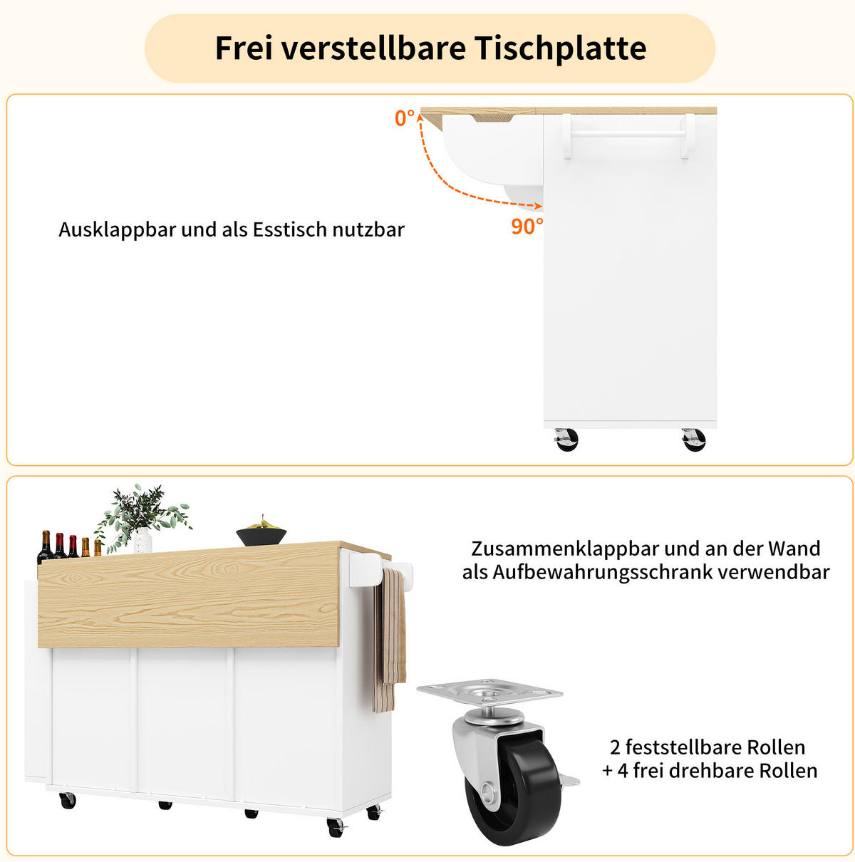 KÜCHENINSEL mit Klapptisch 110 x 42 x 90 cm Weiß - Weiß, Holz (42/90/110cm) - Beauniv