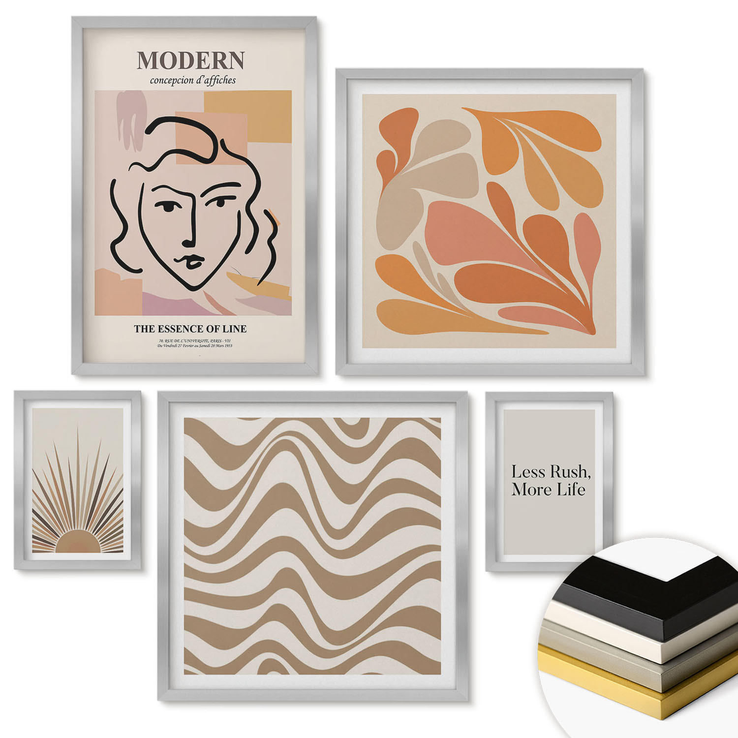 WANDBILDER 5er Set - 50x50 cm & 20x30 cm & 40x60 cm Silberner Rahmen - Sonnen-Boho-Pastelltönen - Silberfarben, Kunststoff (40/60cm) - ArtPrintCave