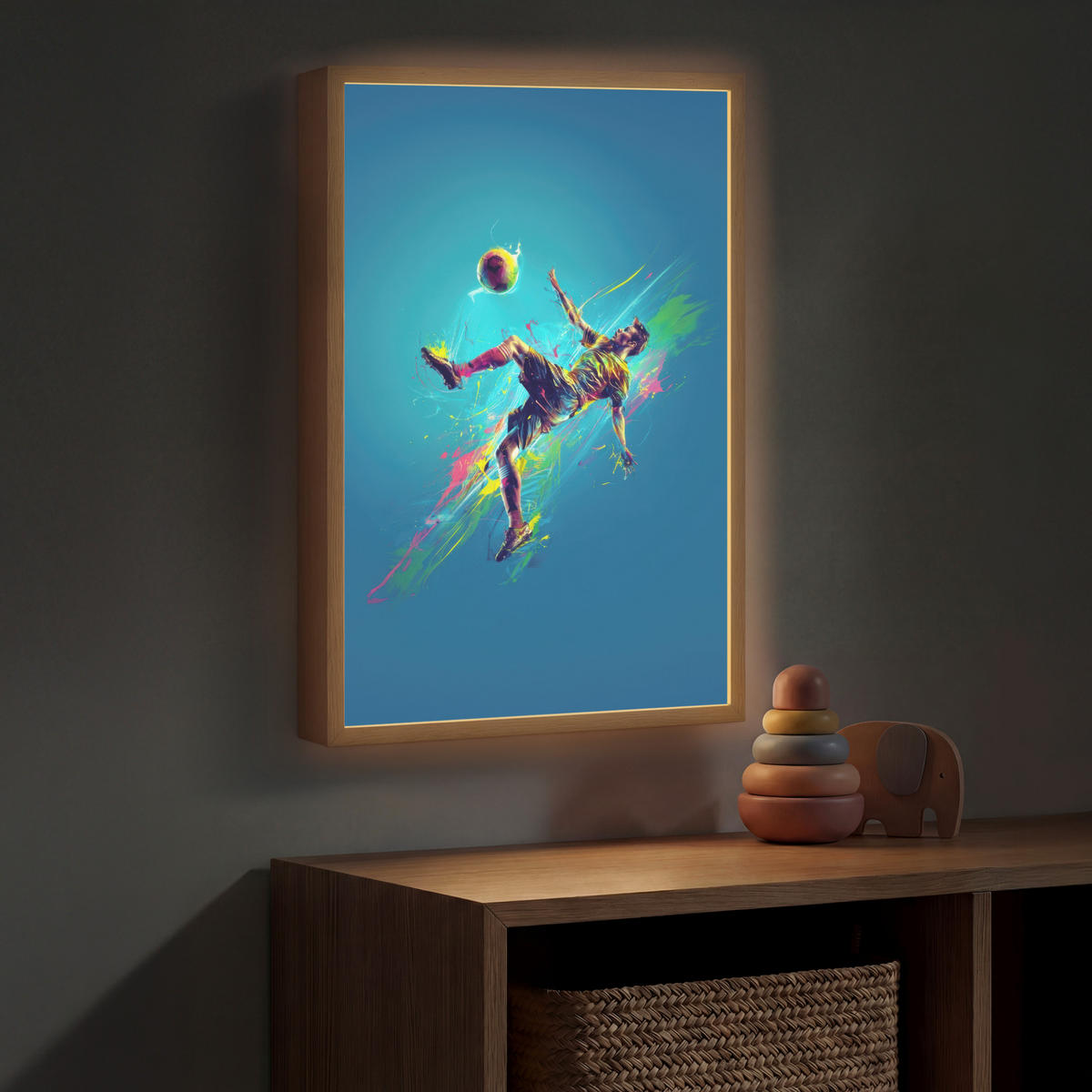 NACHTTISCHLAMPE MIT AKKU Fußballer - Farbspritzer - Farbenfroh - Ball 40x60 cm - Blau, Holzwerkstoff (8/40/60cm) - OnlyWow