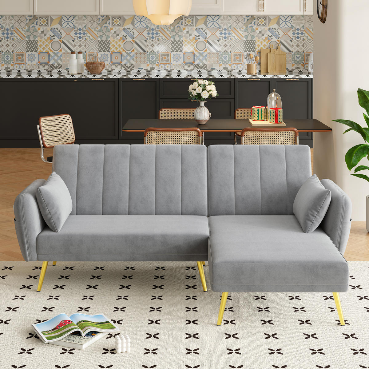 ECKSOFA, Samt mit Schlaffunktion & verstellbarer Rückenlehne, 191,5/130,5/80 cm, Grau - Grau, Textil (130.5/191.5cm) - Redom