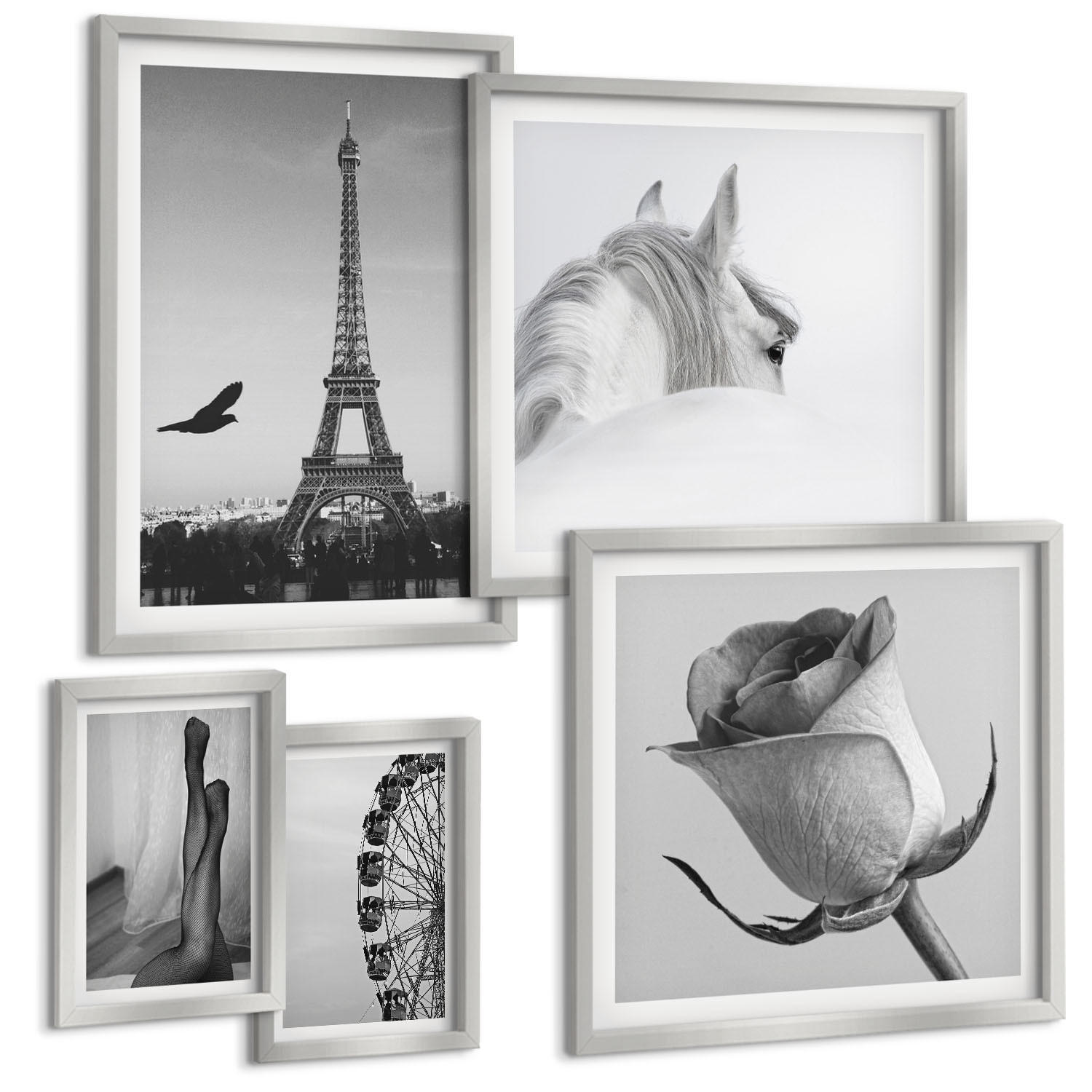 BILDER SET 5er Set - 50x50 cm & 20x30 cm & 40x60 cm Silberner Rahmen - Abstrakte warme Muster - Silberfarben, Kunststoff (40/60cm) - TULUP