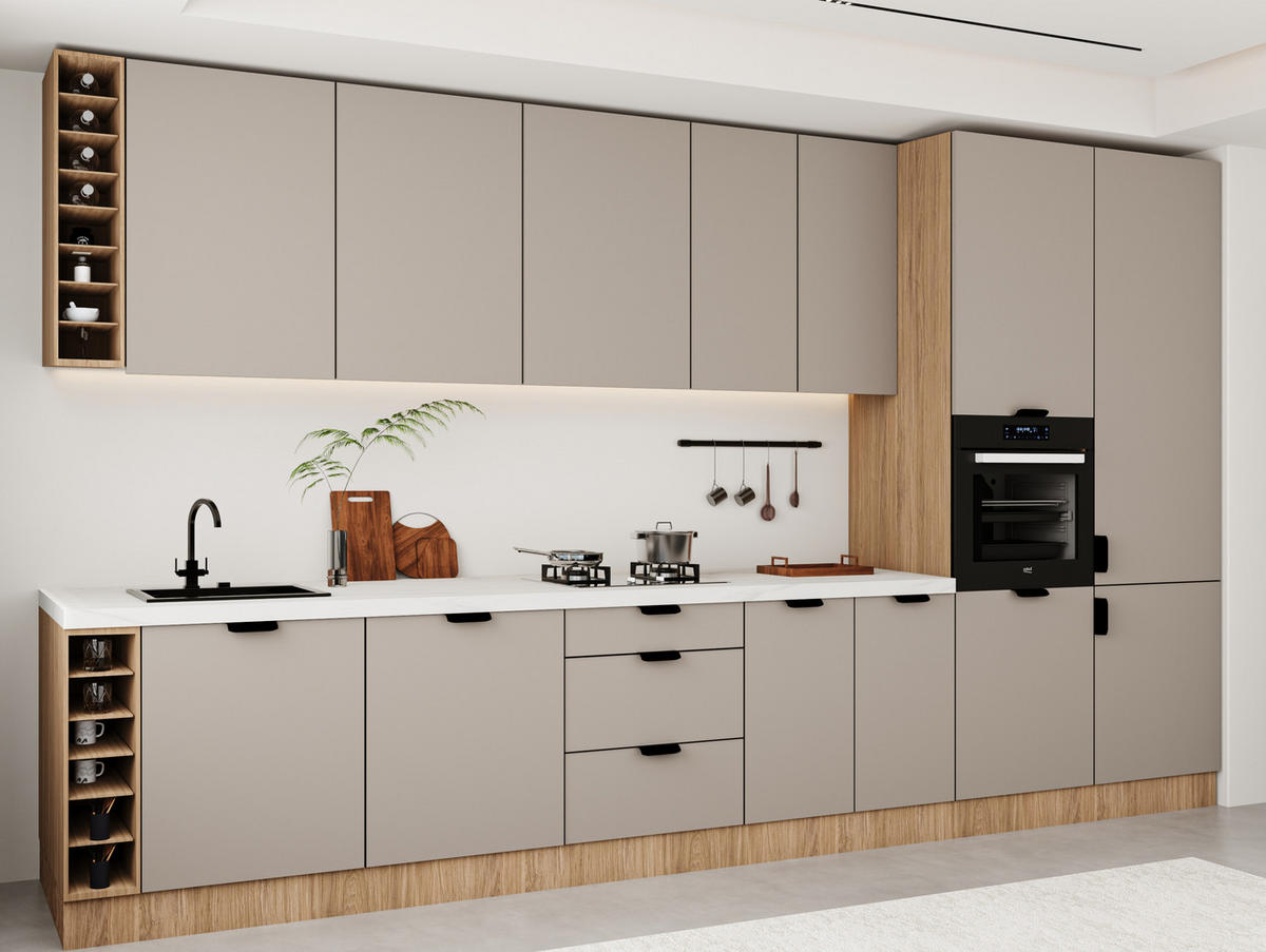 KÜCHENZEILE 395 cm - Sorento KS10-M395 - in Beige / Sonoma Eiche - Beige/Schwarz, Holz/Metall (395/247/58cm)