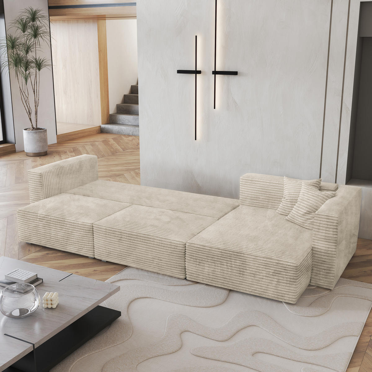 ECKSOFA TOLMO Creme Kordstoff mit Schlaffunktion - Creme, Holz (347/148cm) - MASSENO