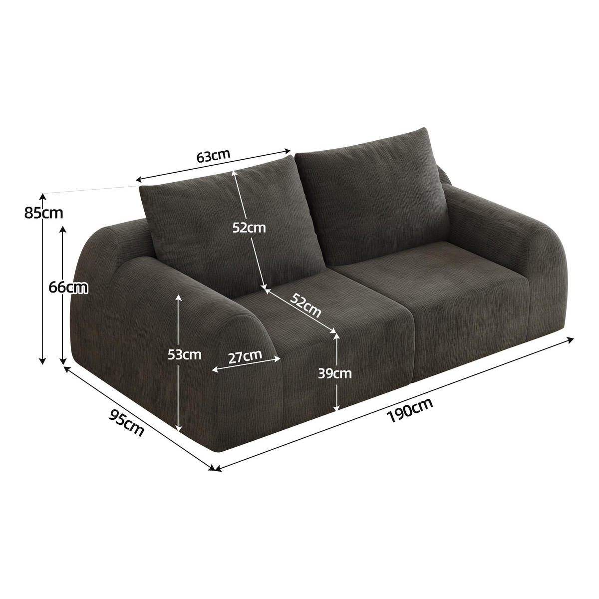 2-SITZER-SOFA 190 cm Schaumstoff-Kompression ohne Montage, DE-42815, Dunkelgrau - Dunkelgrau, Textil (190/85/95cm) - ComfortXL