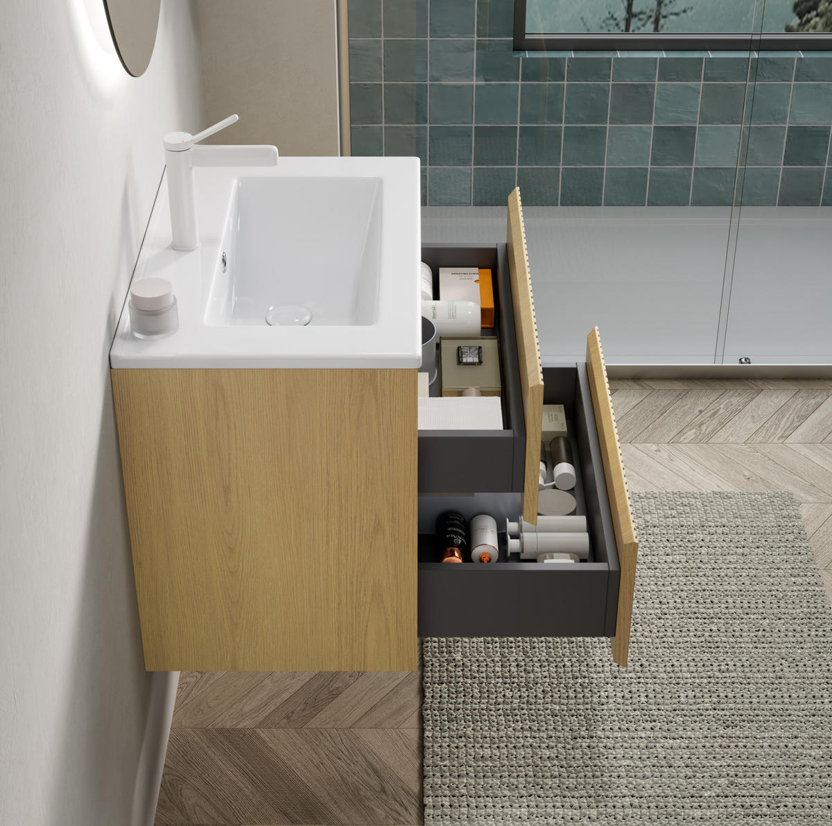 WASCHTISCHKOMBI 61 cm in Eiche mit Keramikbecken und Soft-Close-Schubladen - Eichefarben, Keramik (61/51.5/39cm) - BEAOK