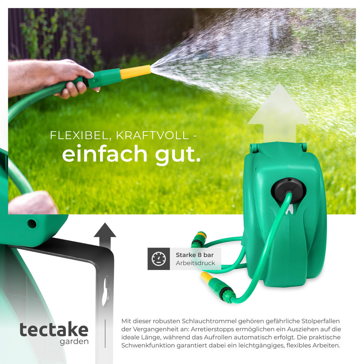 SCHLAUCHTROMMEL ,inklusive Wasserspritze und Montagematerial,grün - Grün, Textil (15/34/45cm) - tectake