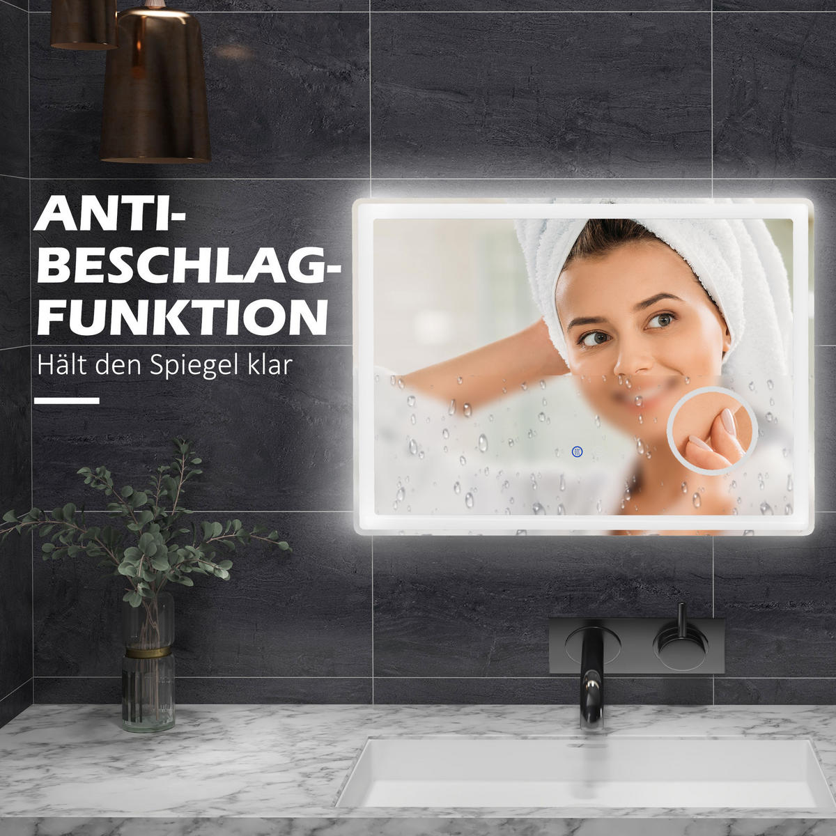 LED Badezimmerspiegel,mit 3x Vergrößerung, Memory-Funktion, beschlagfrei - Weiß, Glas (3.8/60/80cm) - Kleankin