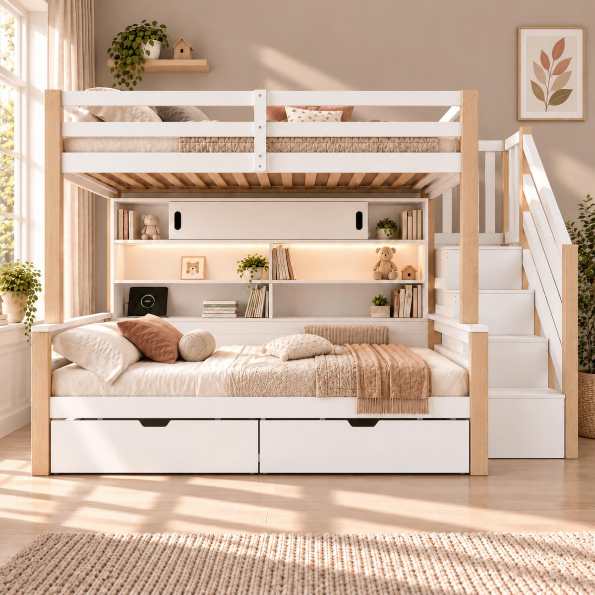 ETAGENBETT 90/200 cm mit Stauraumtreppe und Schiebetüren, DE-41822, in Weiß - Weiß, Holz (90/200cm) - ComfortXL