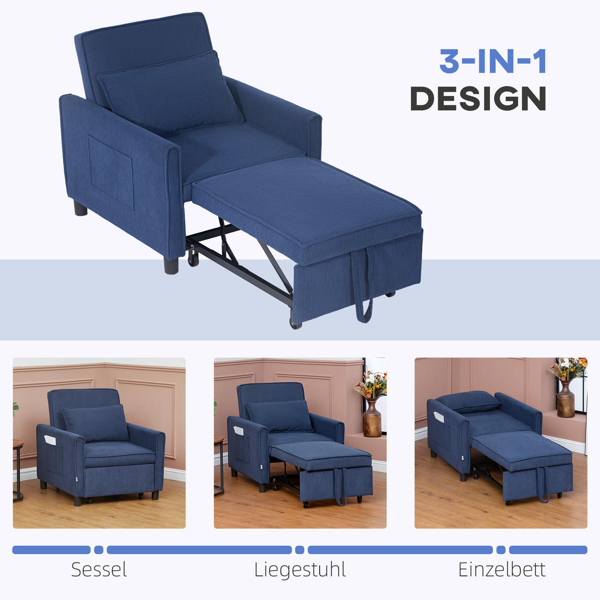 SCHLAFSESSEL, 3-in-1 , Kord, Blau - Blau, Kunststoff (84/81/74cm) - HOMCOM