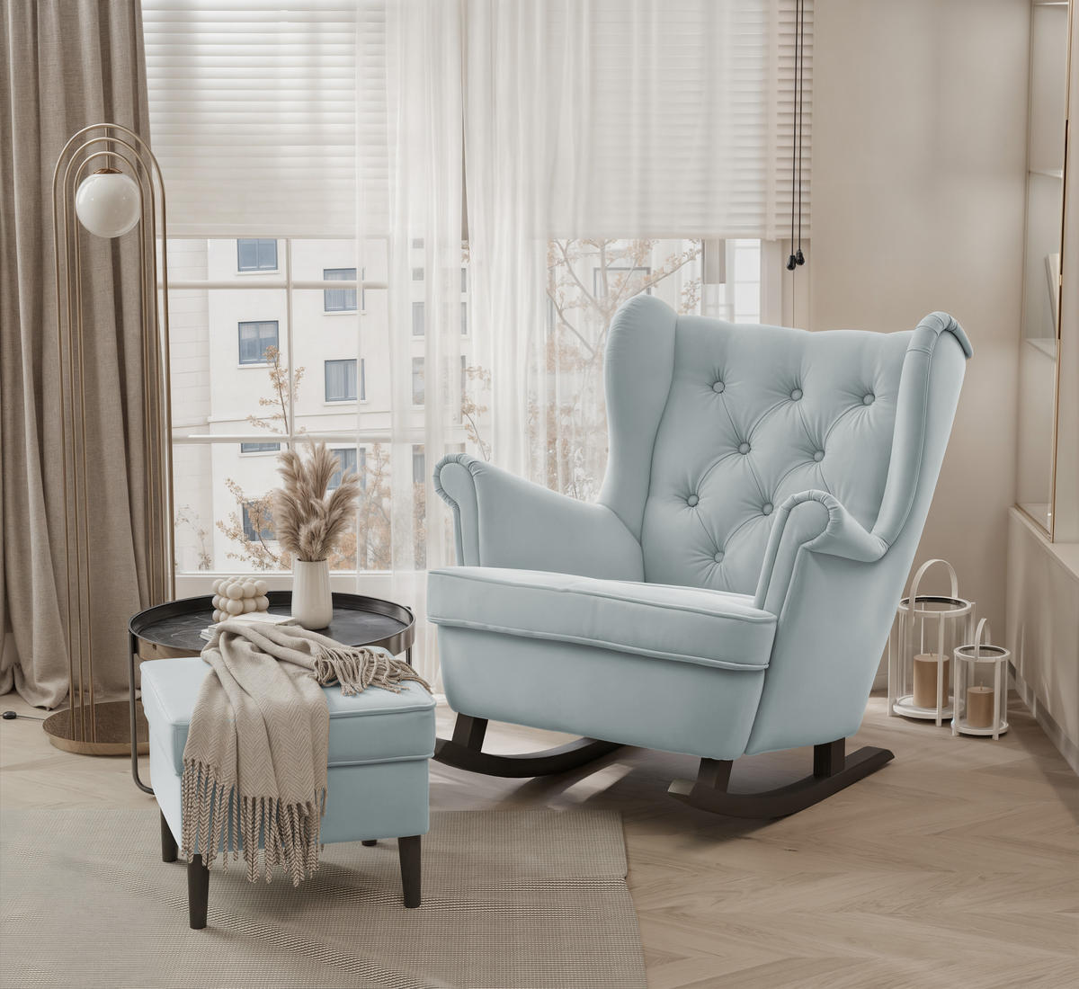 SCHAUKELSESSEL SCANDI Holzfüße, Samt Marineblau - Dunkelblau, Holz/Textil (75/97/60cm) - Idohome
