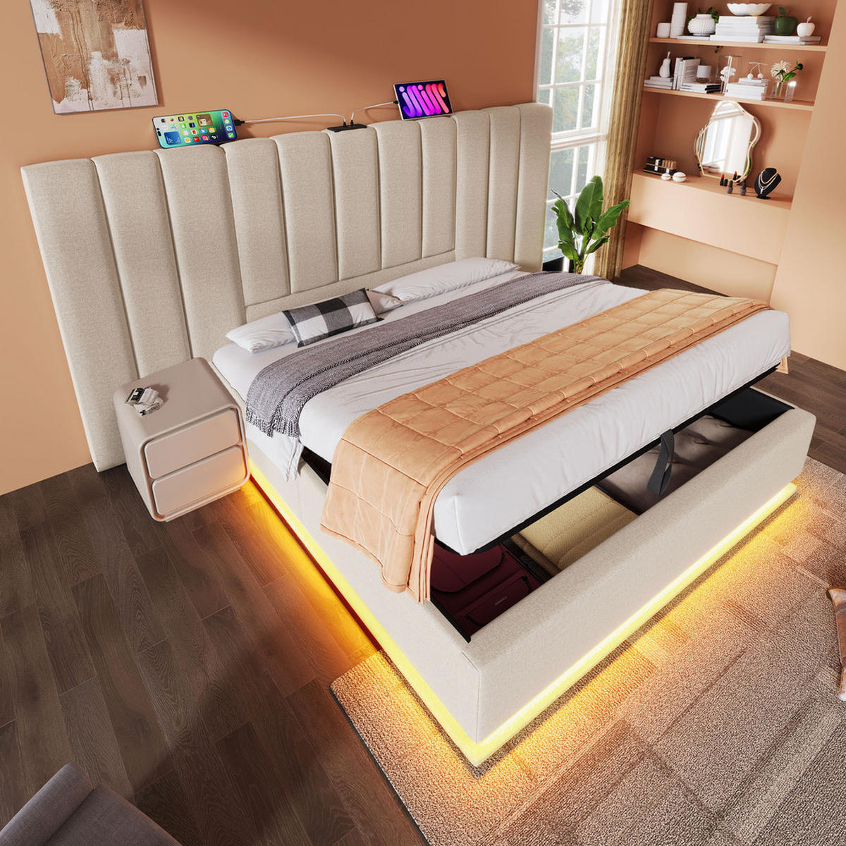 POLSTERBETT 180x200cm Doppelbett mit LED & USB-C Stauraum Beige - Beige, Holz - FLIEKS