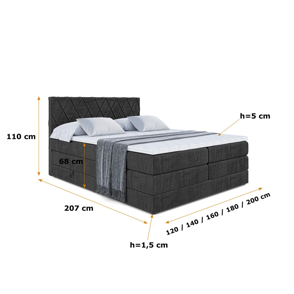 BOXSPRINGBETT LEPARO KING - 200 x 200 - H3/H4 - Schwarz - Schwarz, Holzwerkstoff (200/200cm) - ALTDECOR