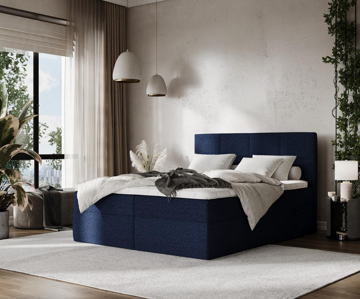BOXBETT Oris 140/200 cm Marineblau im Riva Stoff - Schwarz/Dunkelblau, Holz/Holzwerkstoff (140/200cm) - AltaBeds