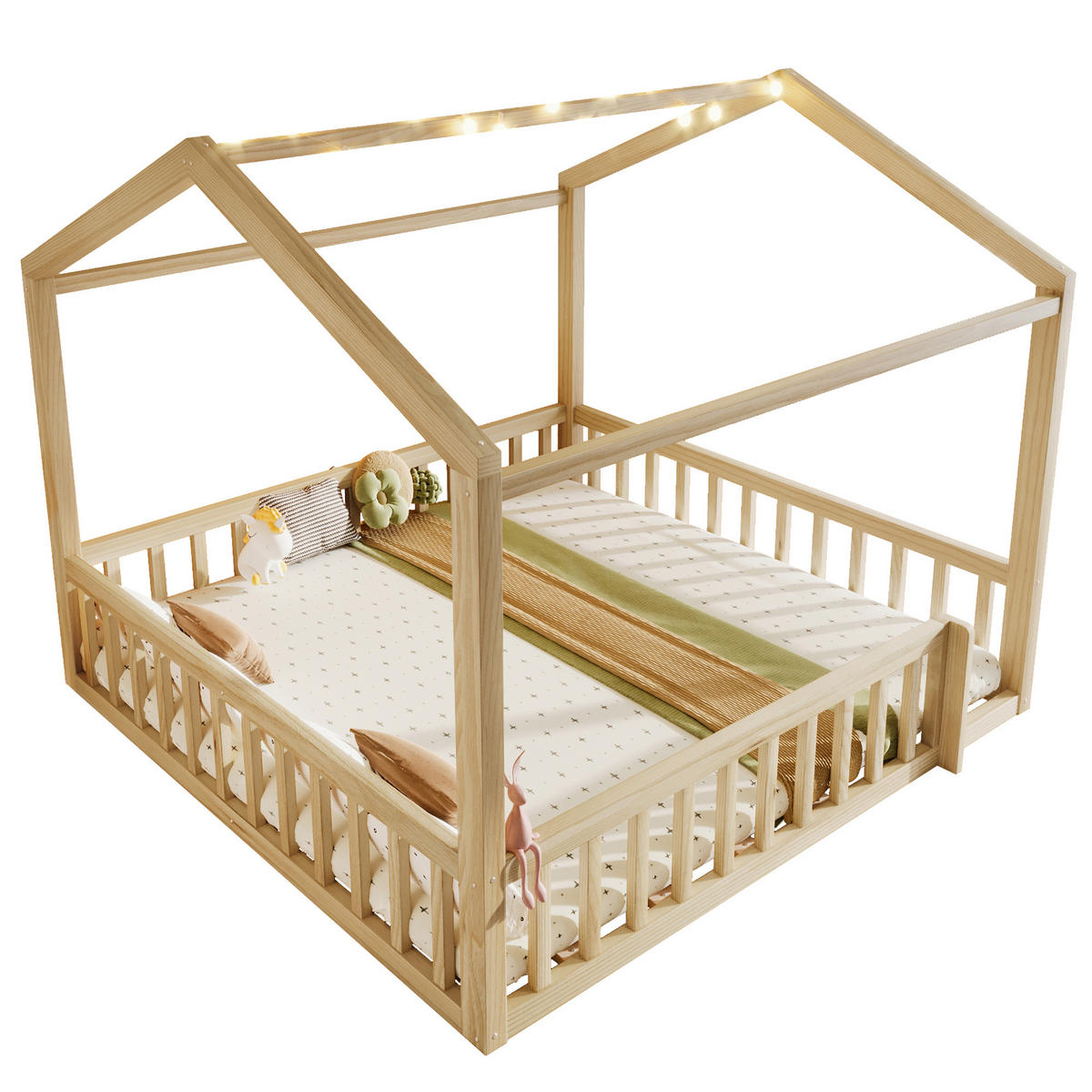 KINDERBETT 90/190 cm & 180/190 cm in Natur mit LED und Gitter Kiefernholz Hausbett - Naturfarben, Holzwerkstoff (90/190cm) - STILVORA