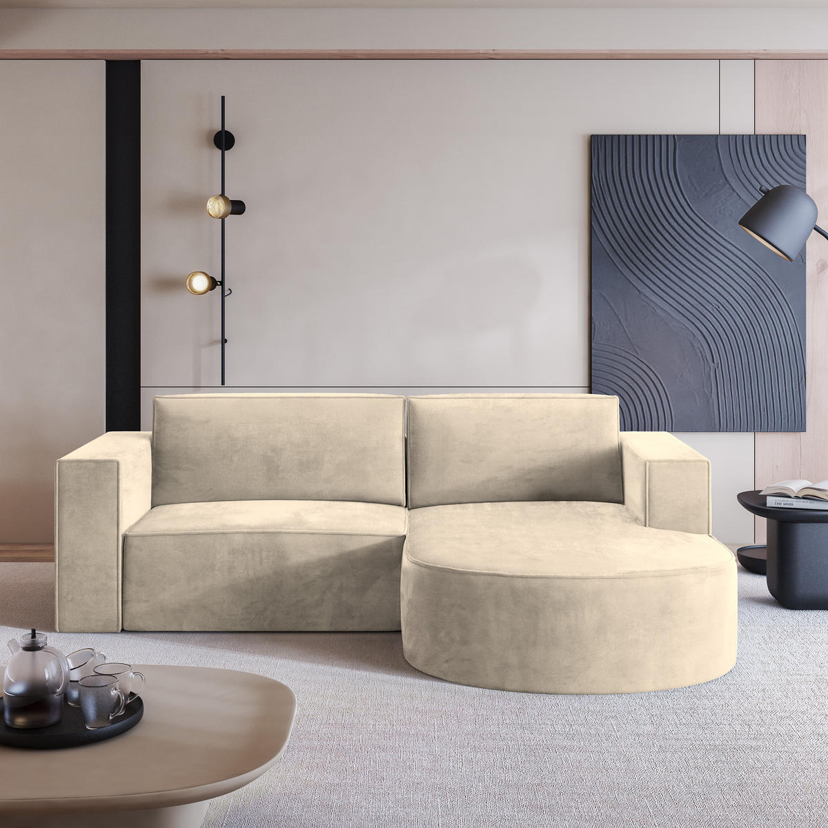 ECKSOFA SORELA M R-S Creme Velours-Stoff mit Schlaffunktion - Creme, Holz (263/174cm) - MASSENO