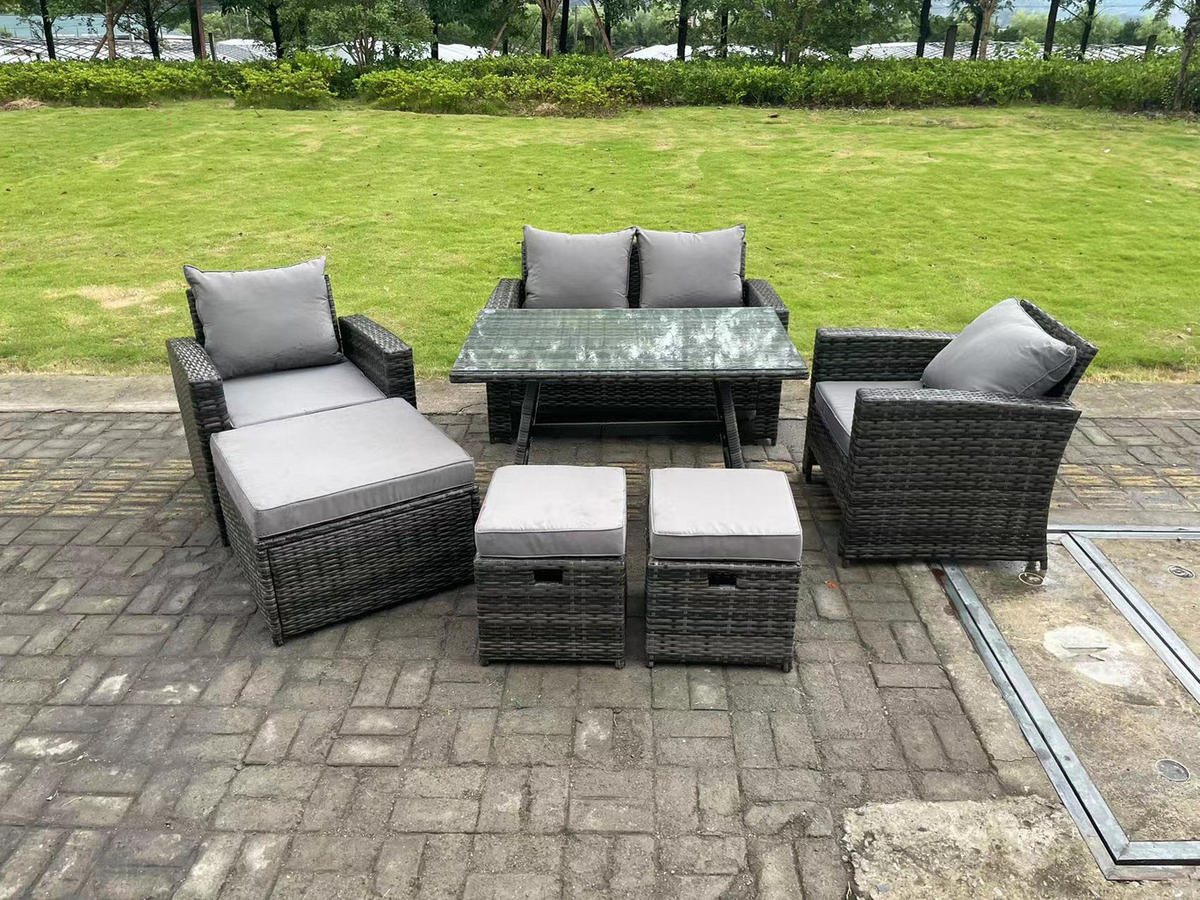 GARTENTISCHGRUPPE Polyrattan 7-Sitzer - Dunkelgrau/Grau, Glas/Kunststoff - Fimous