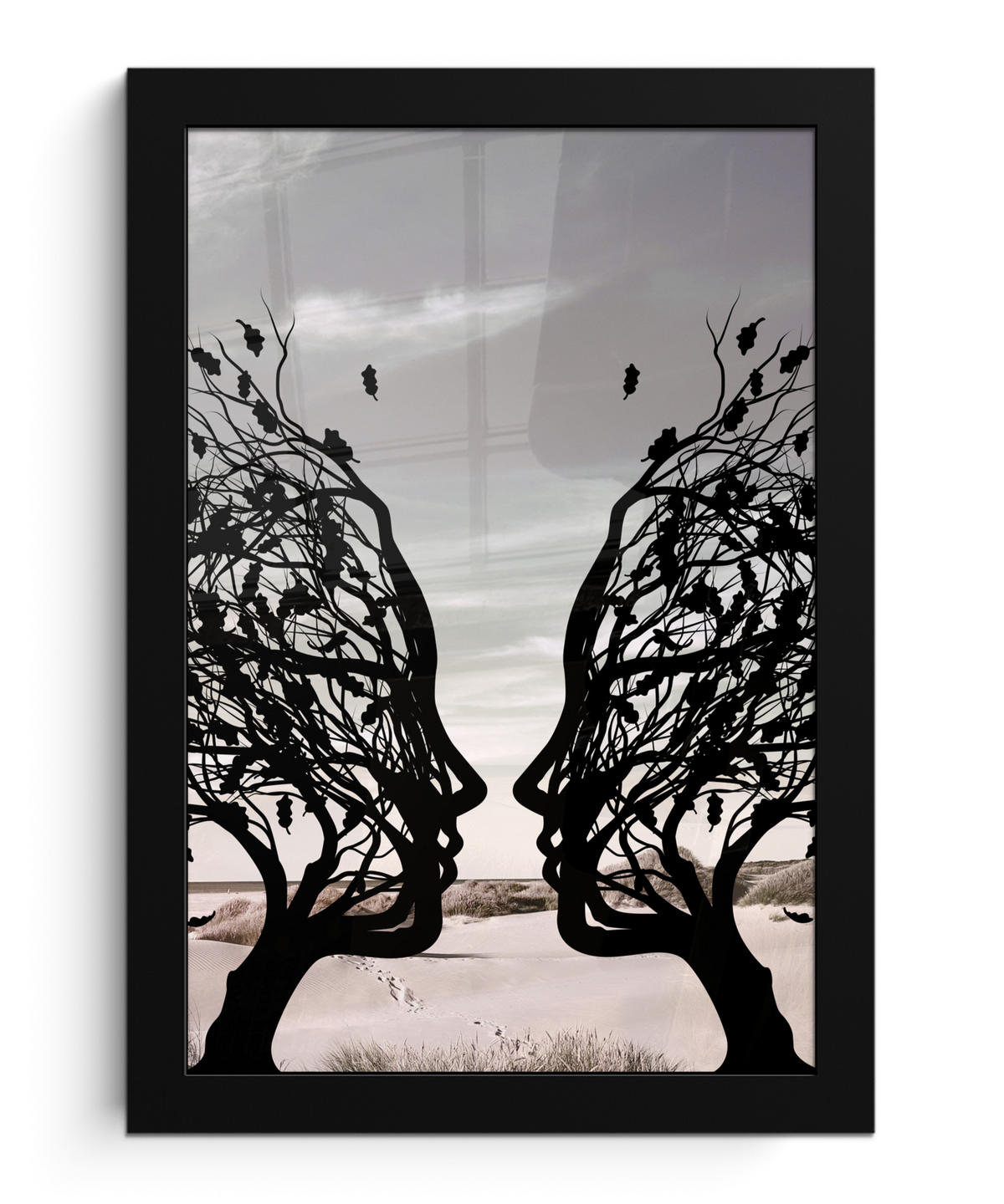 GERAHMTES BILD Strand - Meer - Menschen - Baum - Moderne Kunst 20x30 cm - Hellgrau, Papier (20/30cm) - MuchoWow